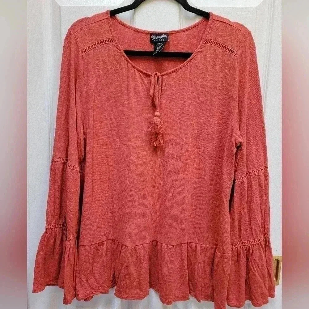 Wrangler Retro Women's Bell Sleeve Tassle  Tie Neck Rust Orange Tunic Size XL